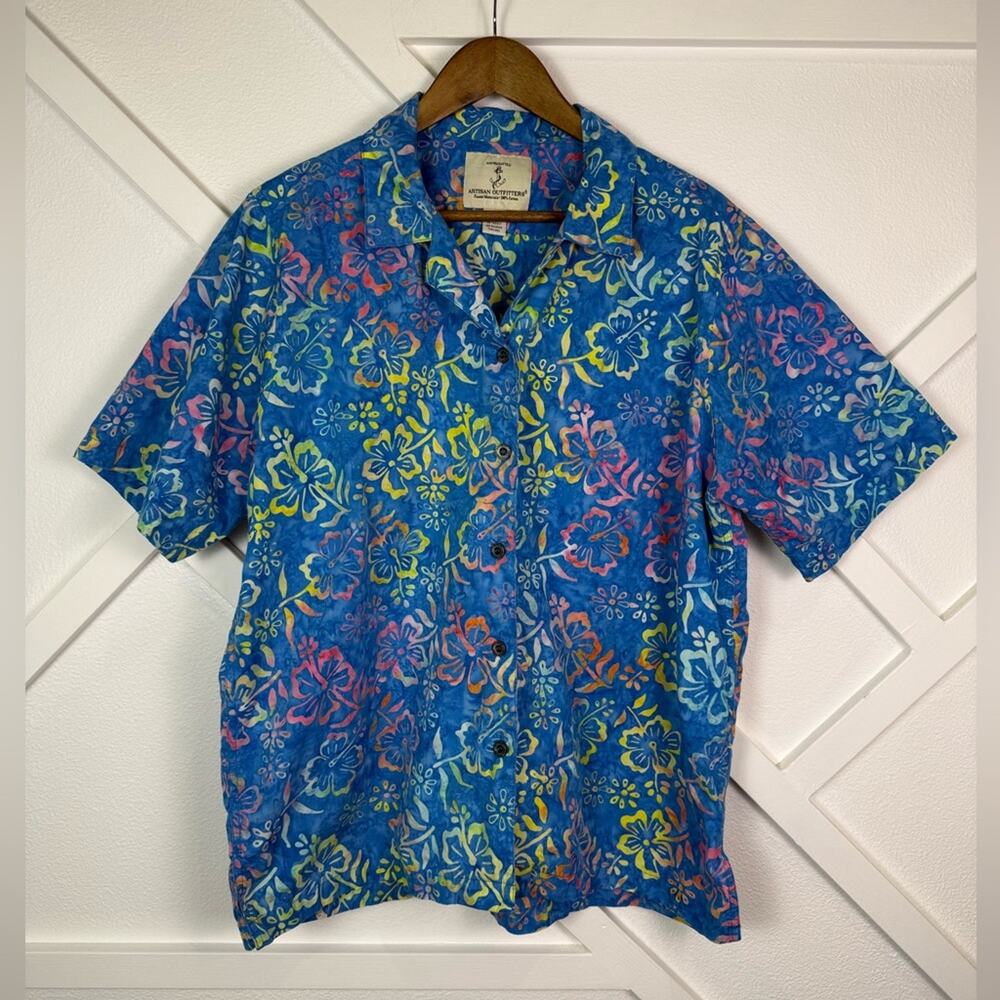 Artisan Outfitters Handcrafted Hawaiian Shirt Blue Neon Batik Floral Print XL